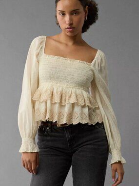 AE Tiered Ruffle Eyelet Smocked Top
